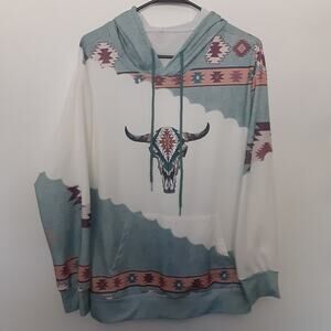 Aztec SouthWestern Lightweight Hoodie Mens M White Cow Skull Western